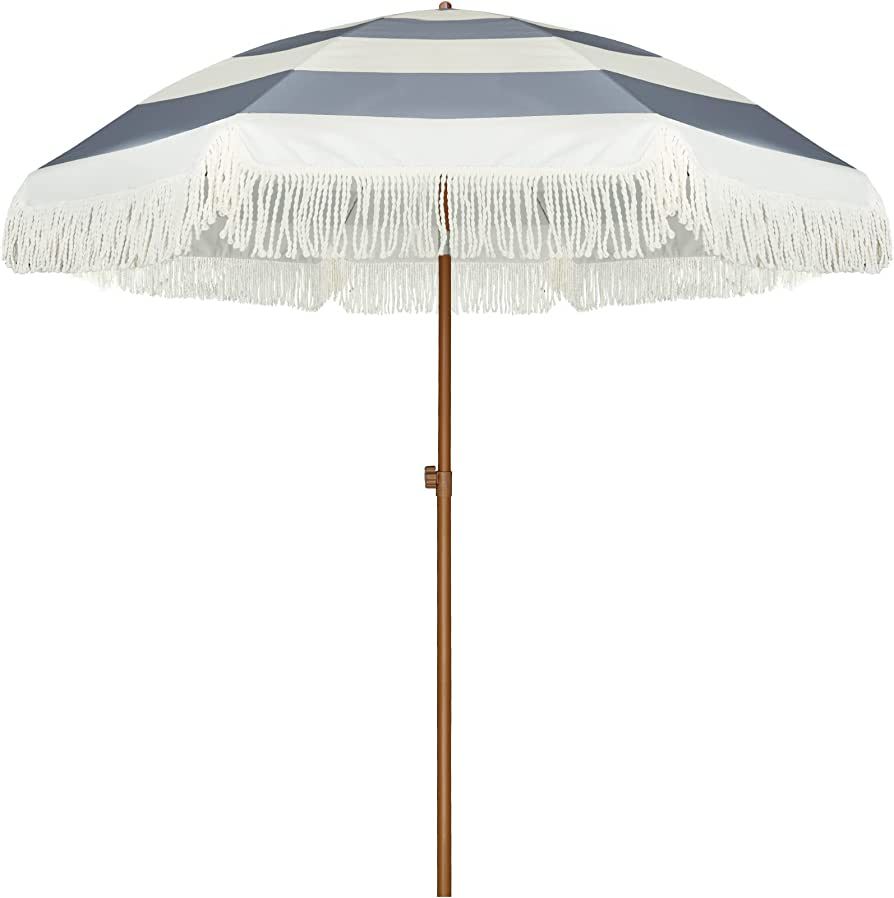 AMMSUN 7ft Patio Umbrella with Fringe Outdoor Tassel Umbrella UPF50+ Premium Steel Pole and Ribs Push Button Tilt, Grey Stripes | Amazon (US)