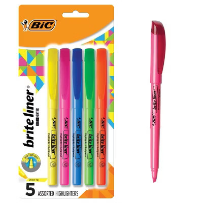 BIC 5pk Highlighter Brite Liner Assorted: Back to School Supplies for Color-Coded Notes | Target