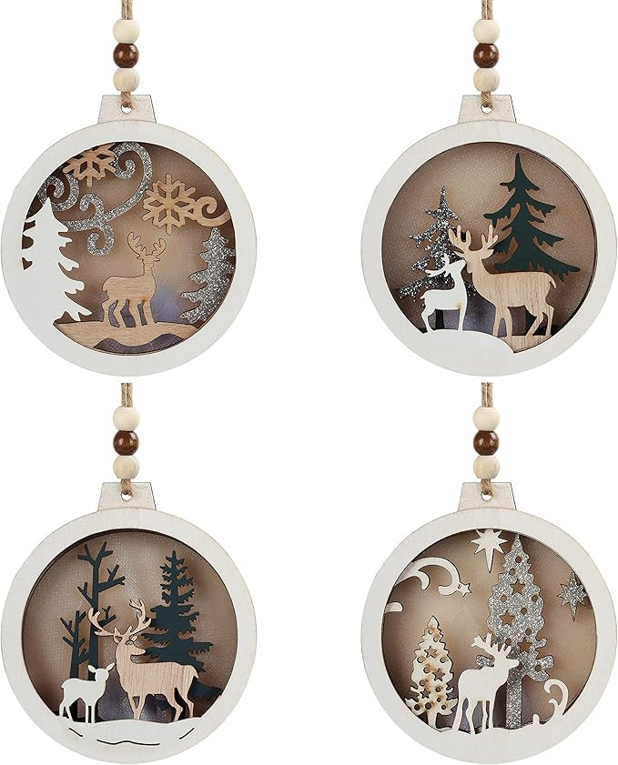 BELLE VOUS 5Pcs Wooden Christmas Decoration- Hollow Laser Cut Wood Carved Hanging Pendants with S... | Amazon (UK)