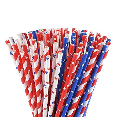 ALINK American Flag Red Blue White Paper Straws, 100 Stripe/Star Biodegradable Straws for Memoria... | Walmart (US)