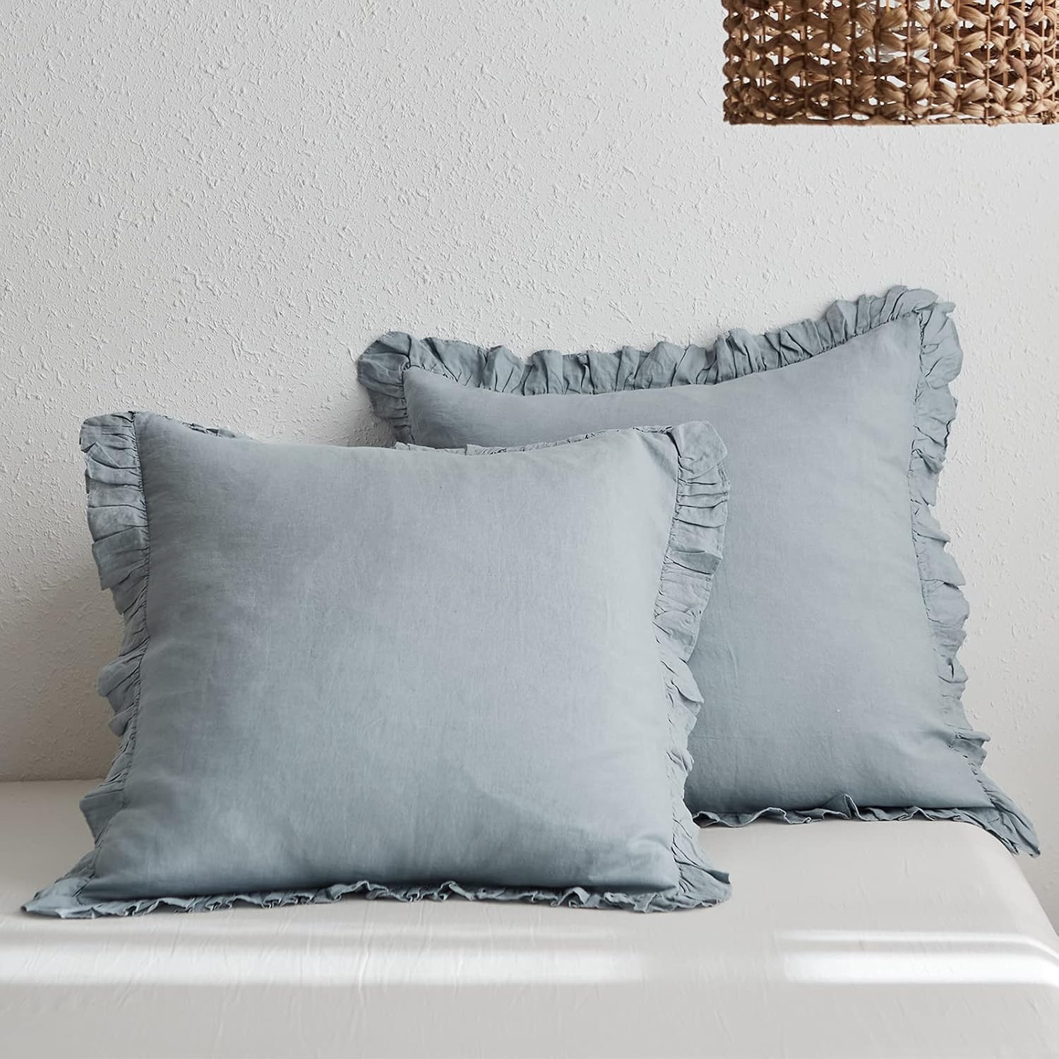 100% French Linen Euro Shams with Ruffles - Set of 2 - Washed Solid Color Natural Flax Soft Breathable Pillow Covers - Dusty Blue, 26'' x 26'' | Amazon (US)