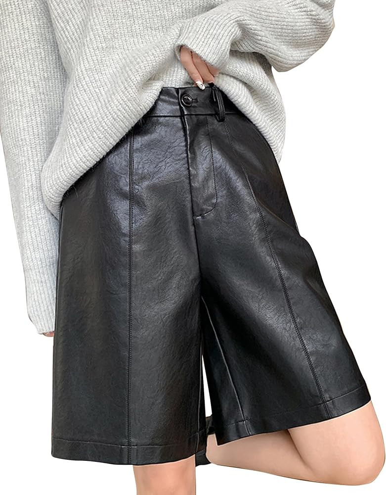Lucrosun Women's Trendy Faux Leather Shorts High Waist Bermuda Biker Shorts | Amazon (US)