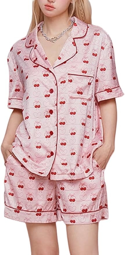 Seyurigaoka Womens Heart Print Pajamas Shorts Set Short Sleeve Sleepwear Loungewear Button-Down 2... | Amazon (US)