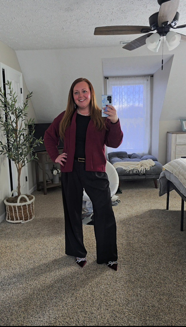 Effortless winter outfit that’s comfy, polished, and budget-friendly. This soft chenille cardigan from Walmart is cozy without feeling bulky — perfect for work, errands, or casual dinners. I paired it with Amazon wide-leg trousers and a classic black top for an easy elevated everyday look. Finished it off with Target pointed-toe heels in a cute holiday design to keep it chic and wearable for a holiday event. If you’re looking for affordable women’s fashion, Amazon fashion finds, Walmart outfit inspo, or Target shoes you’ll actually wear, this outfit checks all the boxes. Perfect for mid-size outfits, women over 40 style, casual workwear, and everyday elevated basics.

#LTKOver40 #LTKootd #LTKMidsize