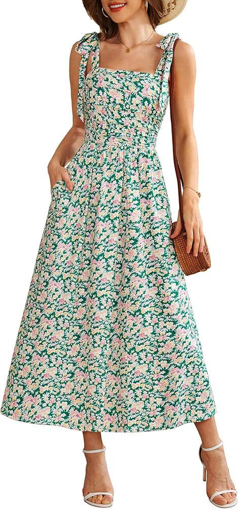 Zattcas Womens 2025 Summer Spaghetti Strap Floral Maxi Dress with Pockets Smocked Flowy Long Beac... | Amazon (US)