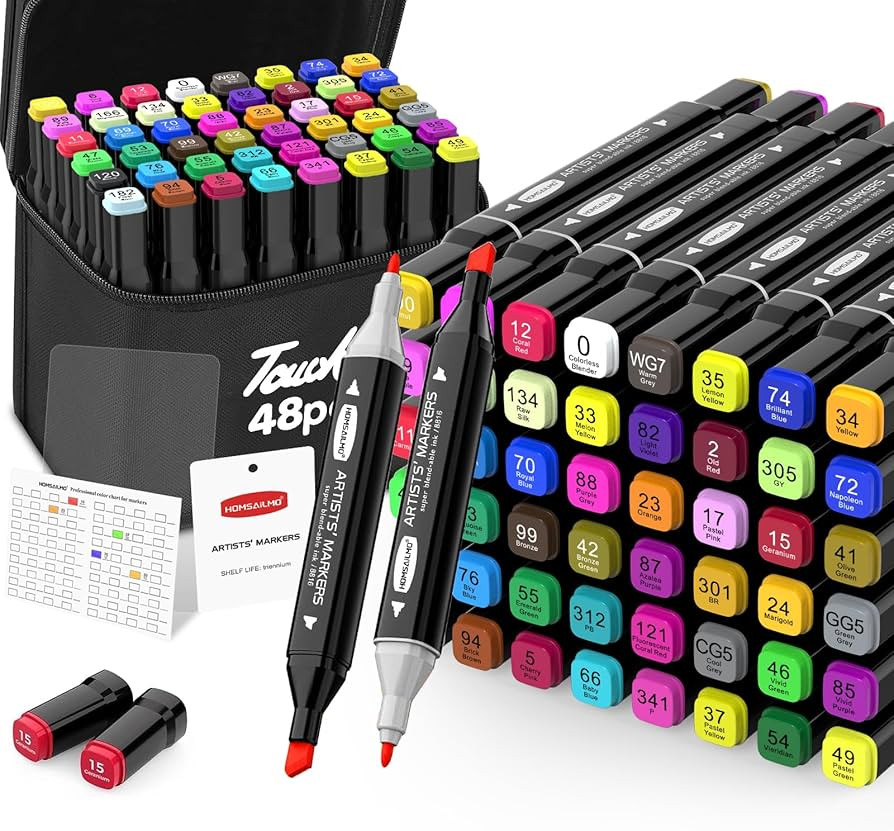 HOMESILMO 48 Color Alcohol Pen Set, Double Tip Art Adult Alcohol Pen, Mixed Sketching Art Supplie... | Amazon (US)