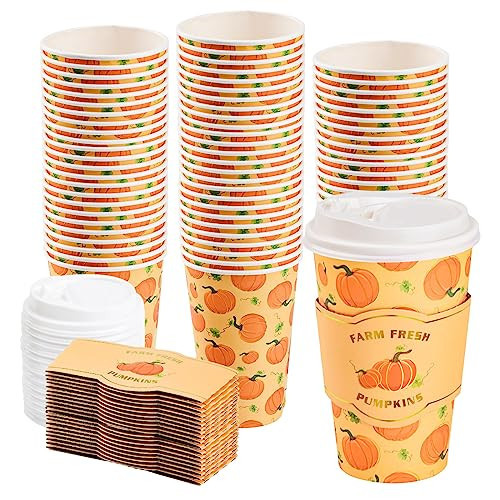 48 Pack 16 oz Fall Disposable Coffee Cups with Lids and Sleeves Autumn Pumpkin To Go Paper Coffee Cups Beverage Drinking Cups for Harvest Thanksgiving Party Restaurant Travel Business Supplies | Amazon (US)
