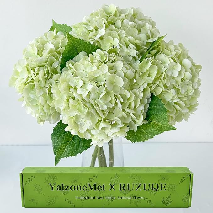 YalzoneMet 4Pcs Light Green Hydrangeas Artificial Flower Natural Lifelike 21'' Long Stem Real Tou... | Amazon (US)