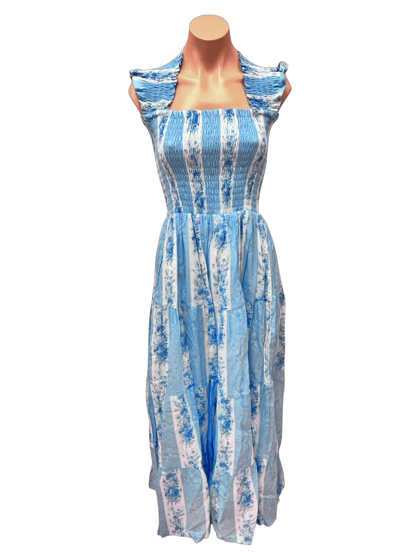 Trunk show baby blue and white stripe floral smock sleeveless dress | Mulberry & King