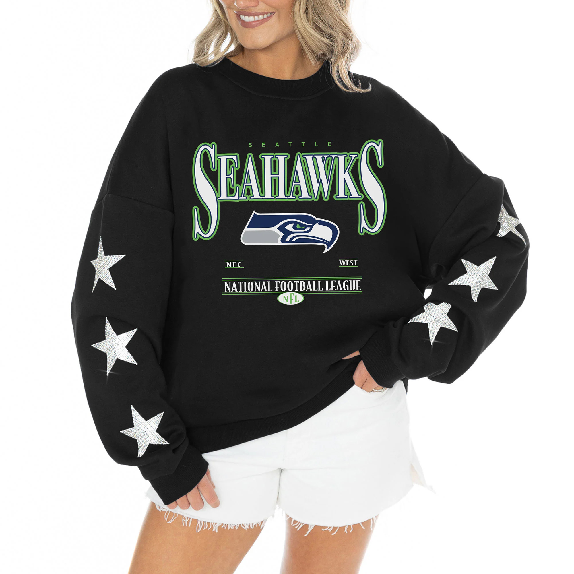 Seattle Seahawks Gameday Couture Women's Rhinestone Star Sleeve Settle the Score Oversized Tri-Bl... | Fanatics