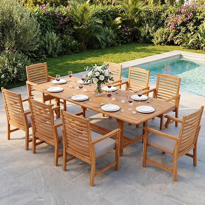PHI VILLA 9 Pieces Acacia Wood Patio Dining Set for 8, Expandable Teak Dining Table & Wooden Chai... | Amazon (US)