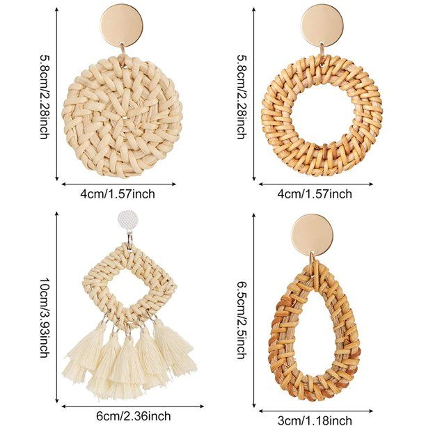 4 Pairs Rattan Earrings Lightweight Geometric Statement Tassel Woven Bohemian Earrings Handmade S... | Walmart (US)