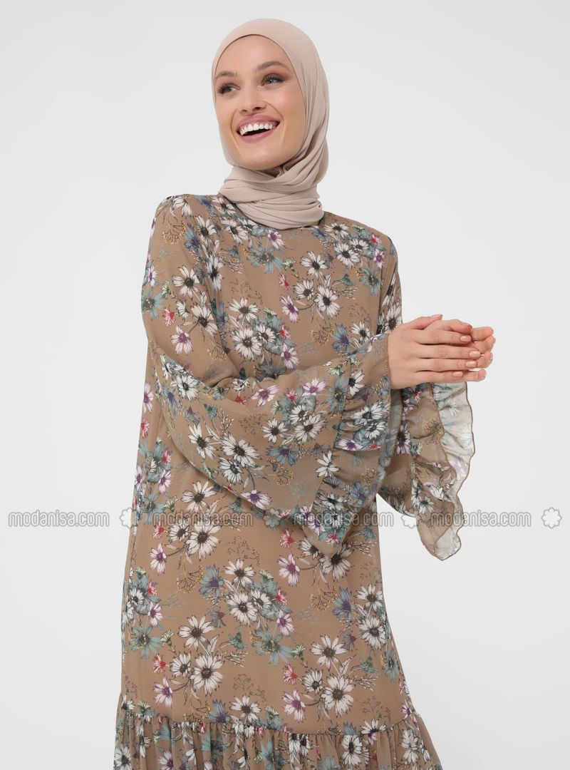 Beige - Floral - Crew neck - Fully Lined - Modest Dress | Modanisa (US)