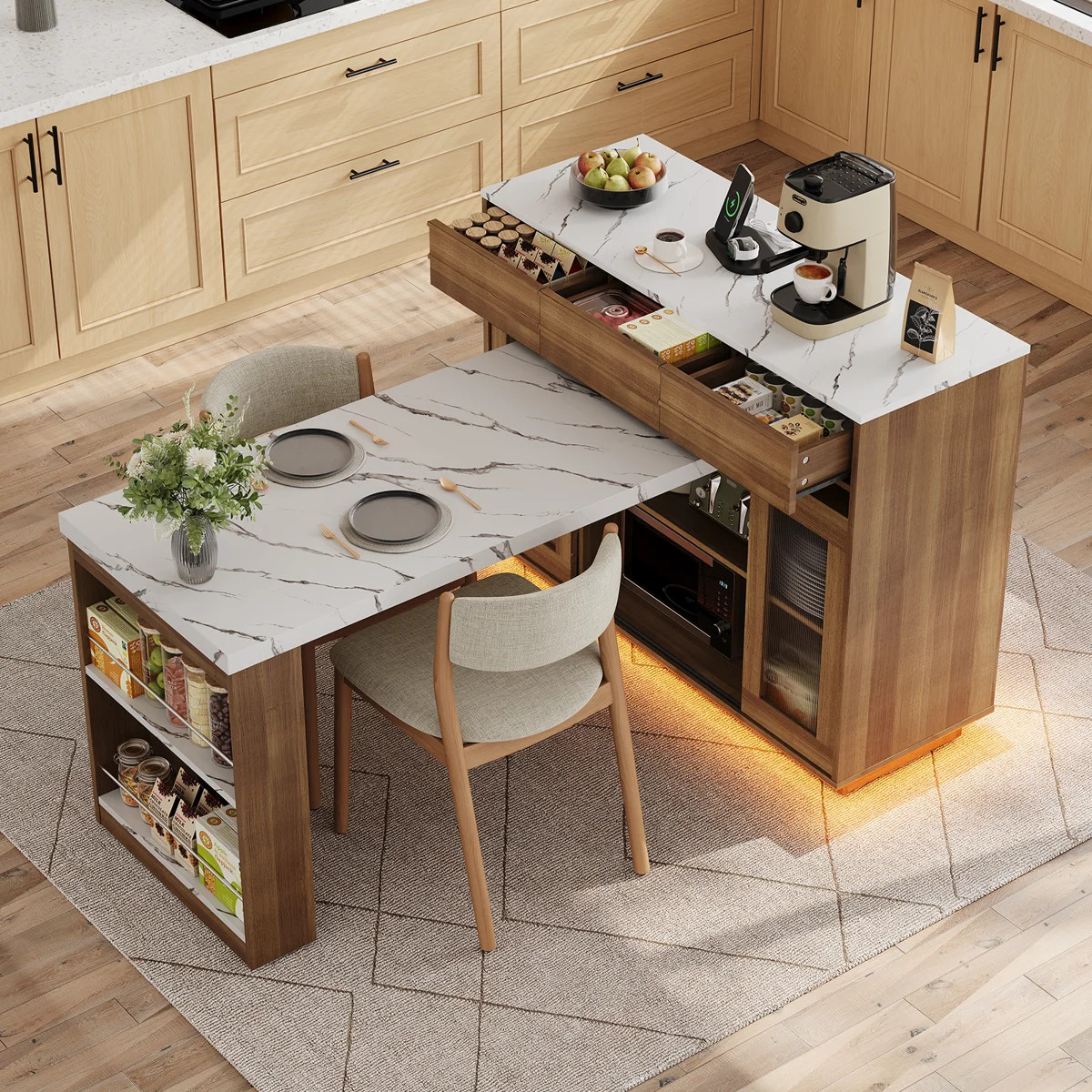61.5" Extendable Kitchen Island with Built-in Power Outlets, Faux Marble Top, Side Storage Cabine... | Wayfair North America