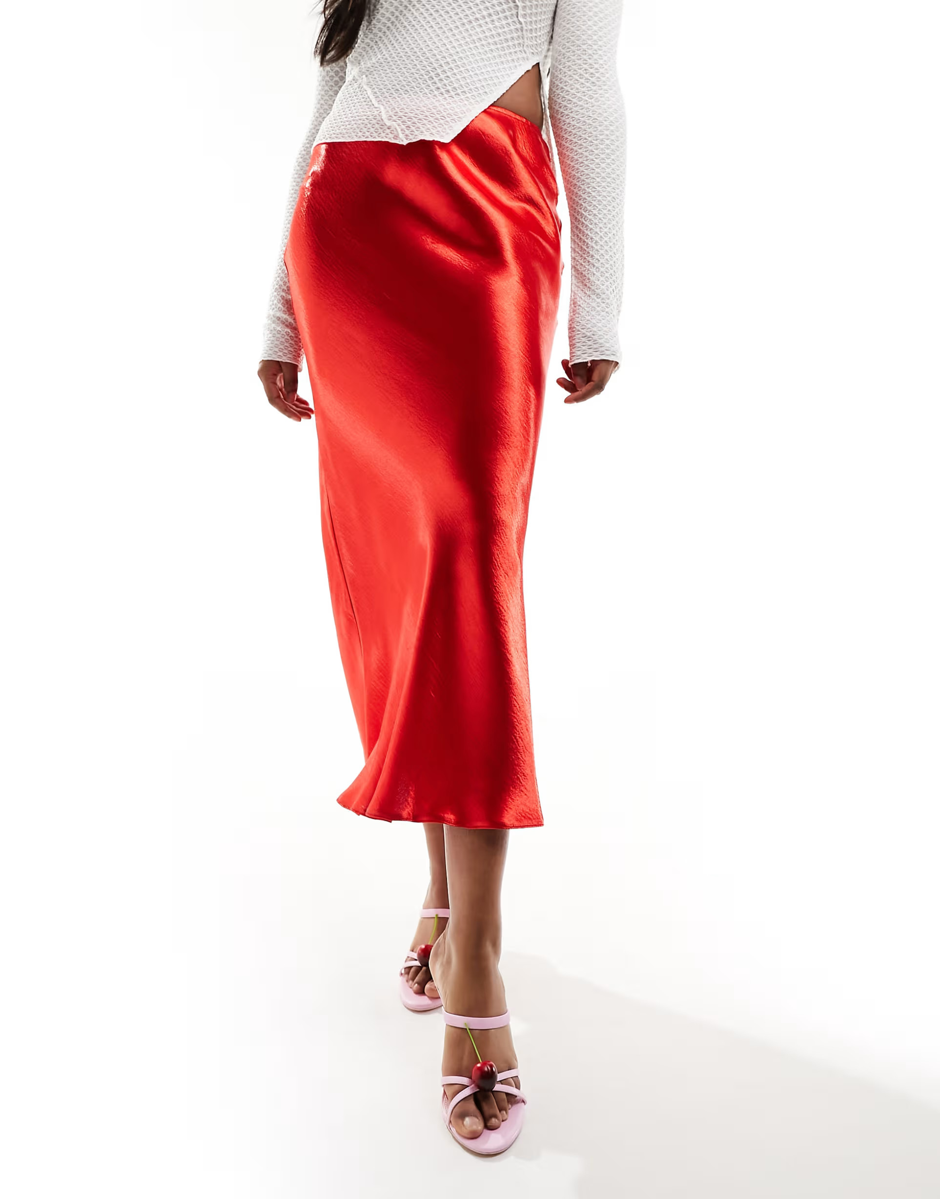 ASOS DESIGN high shine bias midi skirt in red | ASOS (Global)