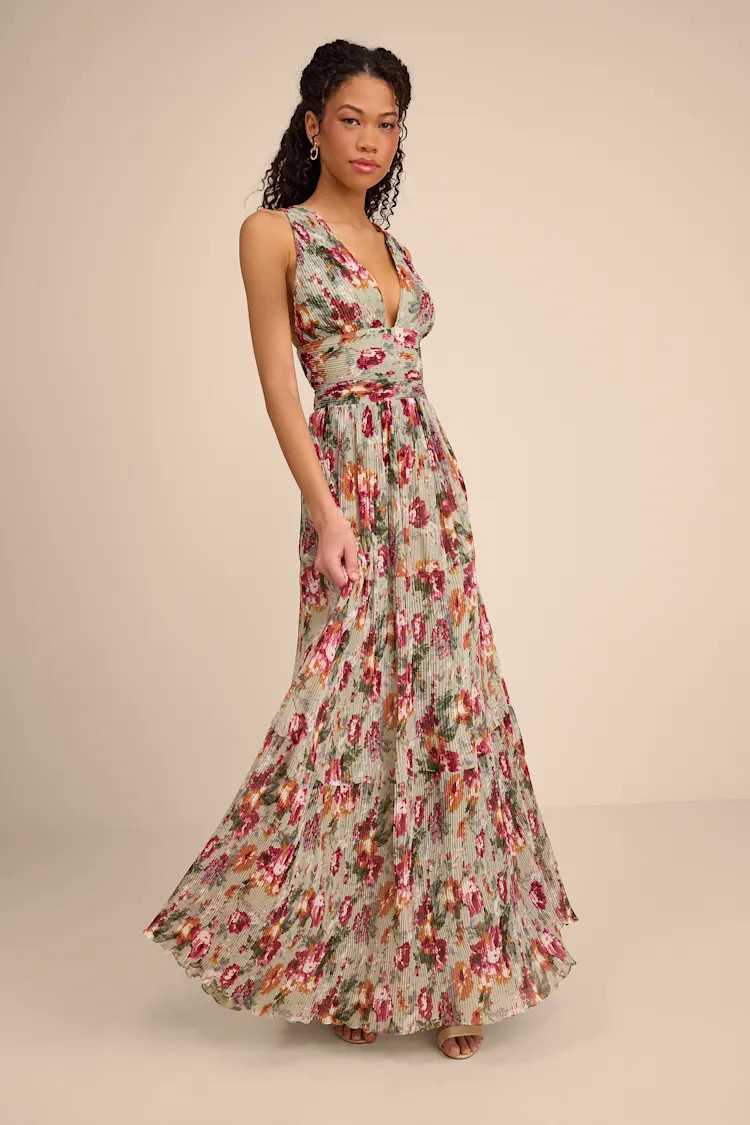 Leora Sage Floral Pleated Tiered Maxi Dress | Lulus