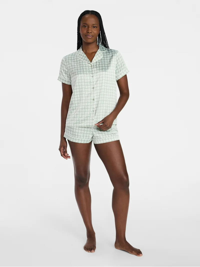 Joyspun Women’s Stretch Satin Short Sleeve Top and Shorts Pajama Set, Sizes XS-3X | Walmart (US)
