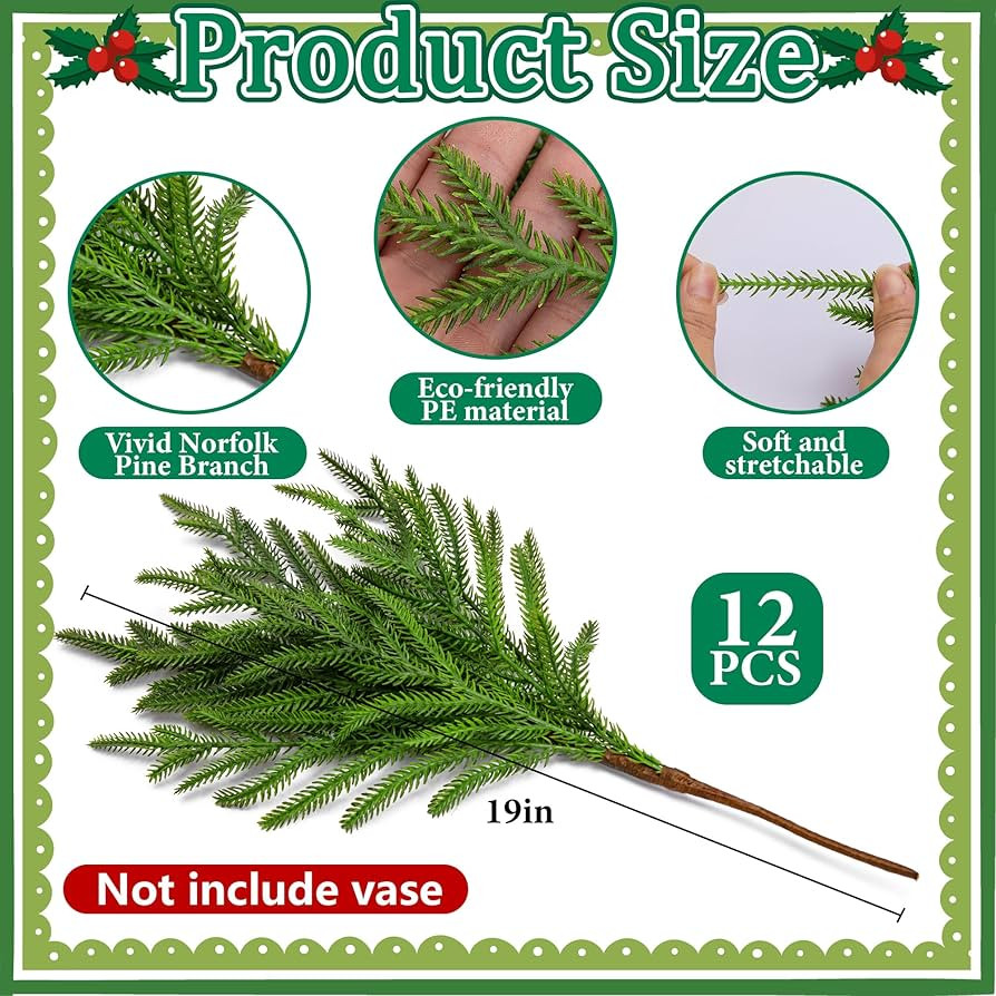 15 Pcs Christmas Norfolk Pine Branches with Red Berry Stems- 19" Extra Long Fake Greenery Norfolk... | Amazon (US)