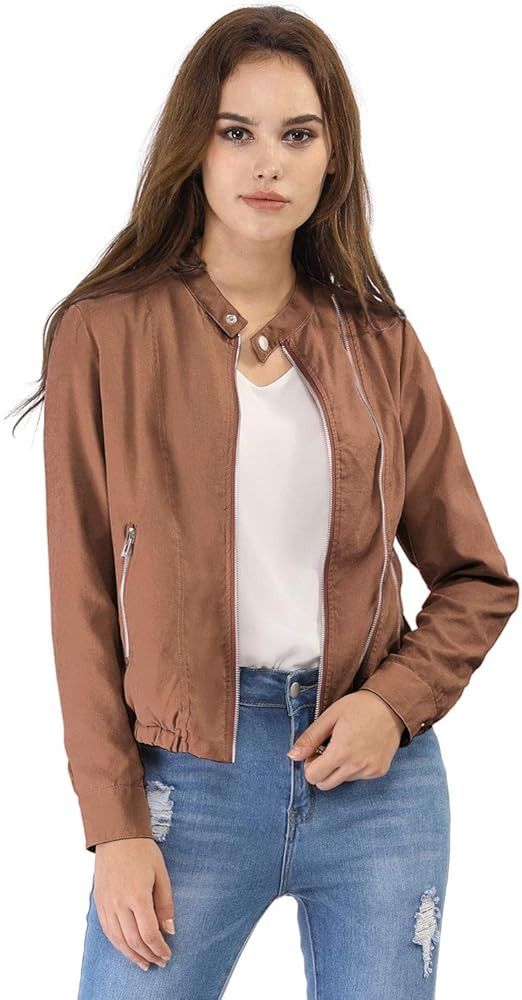 Allegra K Women's Lightweight Classic Casual Stand Collar Pocket Short Biker Moto Jacket | Amazon (US)
