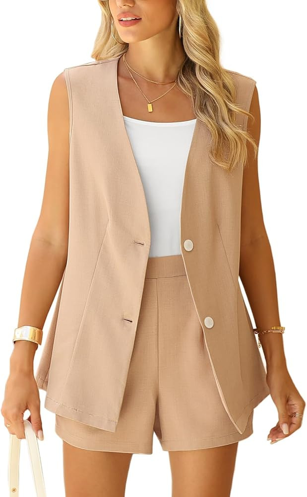 QUEZHU 2 Piece Sets for Women Summer Linen Sleeveless Blazer and Shorts Set 2024 Dressy Casual Ou... | Amazon (US)