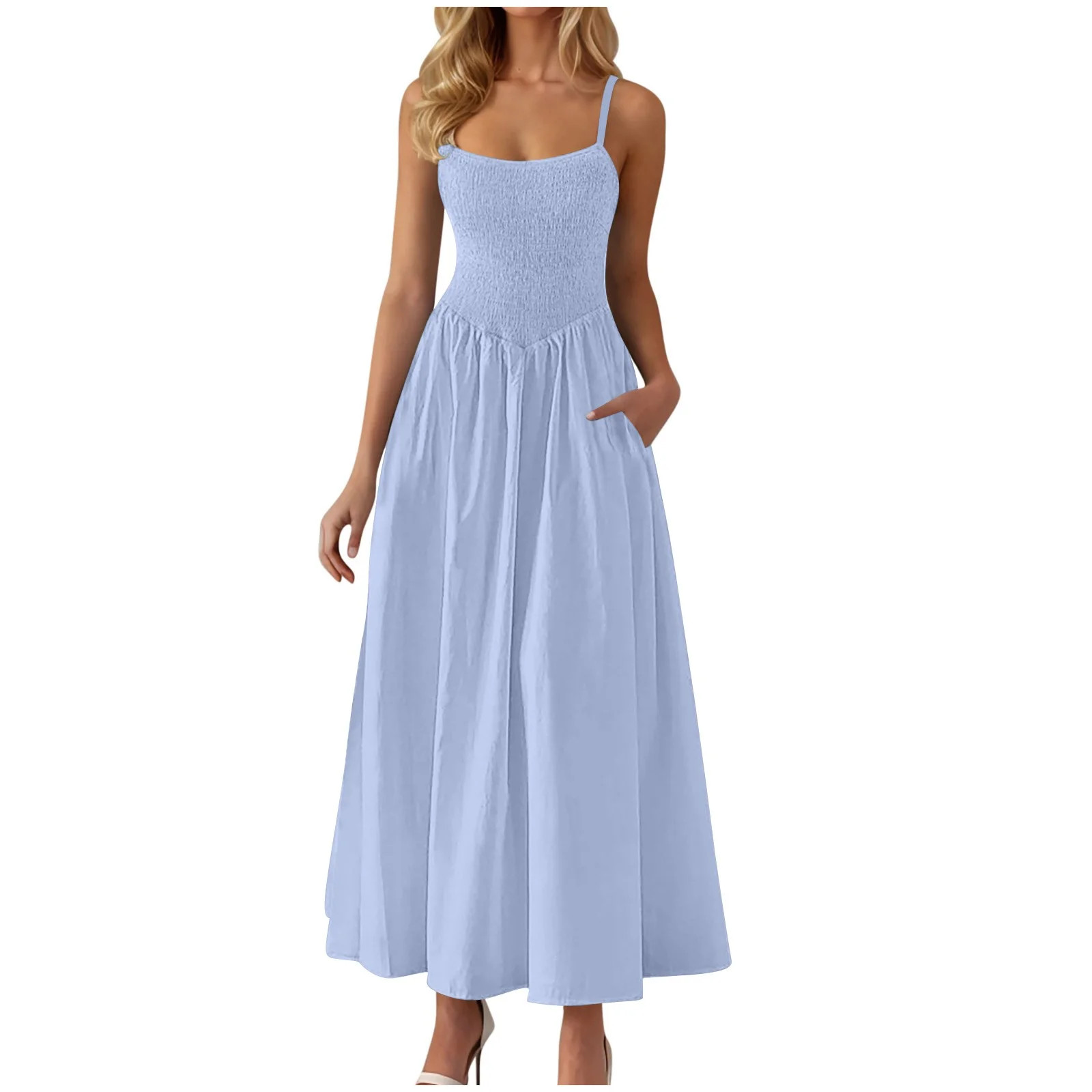 jtjvou Women's Smocked Maxi Dresses 2026 Summer Sundress Casual Spaghetti Strap Swing A Line Long... | Walmart (US)