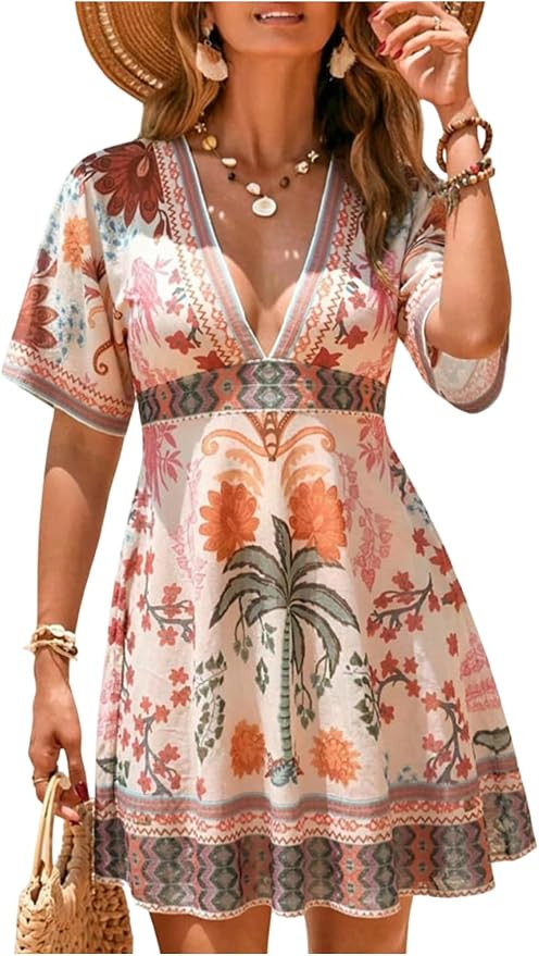 WDIRARA Women's Swimsuit Coverup Tropical Floral V Neck Short Sleeve Beach Dress Cover Up Swimwea... | Amazon (US)