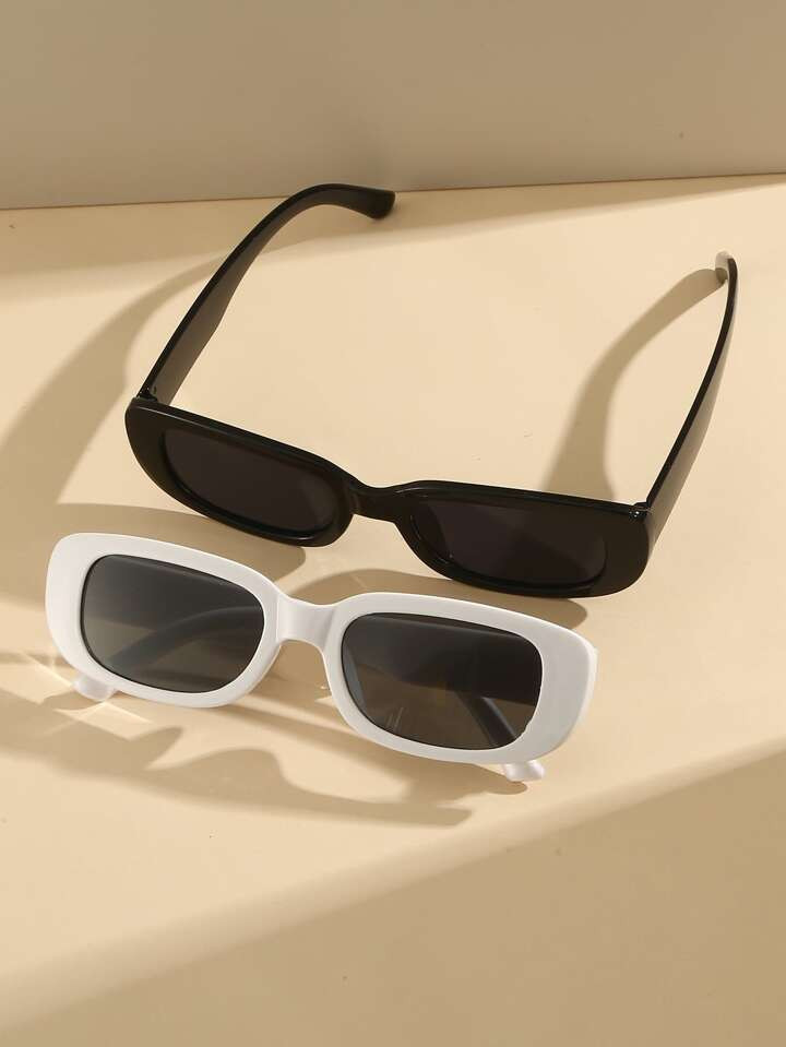 2pcs/set Women's Black White Plastic Frame Square Beach Sunshade Fashionable Sunglasses | SHEIN
