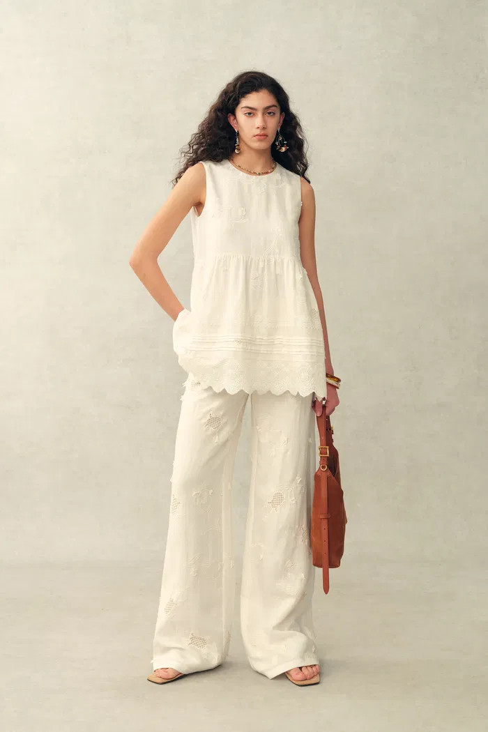 Doris Lily-of-the-Valley Lace Sleeveless Top and Pants Matching Set in Silk Linen Blend | Fabrique