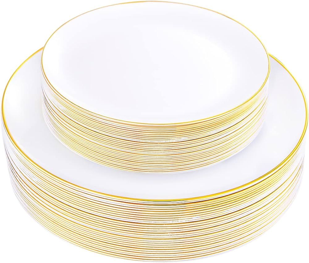 KIRE 60PCS Gold Plastic Plates - Heavy Duty White Disposable Plates with Gold Rim for Party/Weddi... | Amazon (US)