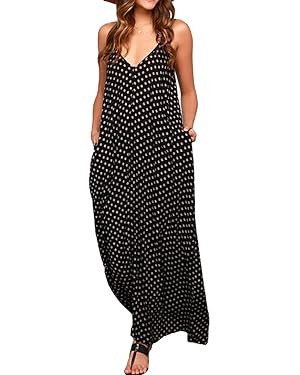 LILBETTER Women V-Neck Polka Dot Print Spaghetti Strap Boho Long Maxi Dresses | Amazon (US)