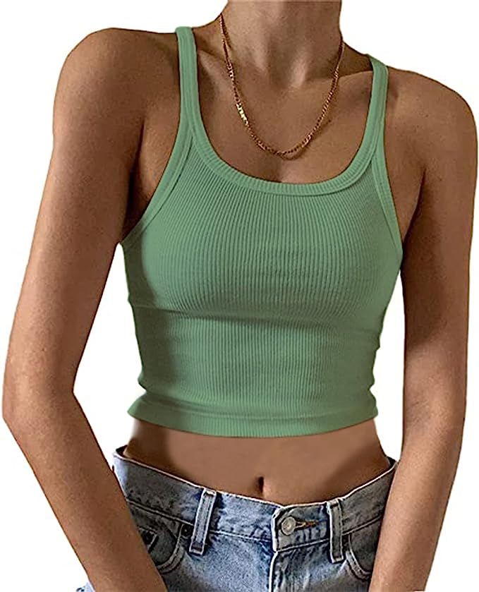 MISSACTIVER Women’s Basic Rib Knit Crop Tank Top Casual Solid Scoop Neck Sleeveless Crop Top Ca... | Amazon (US)