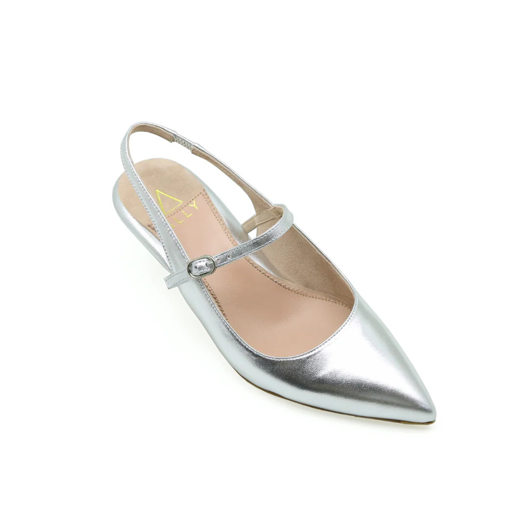 Silver Metallic Leather Mary Jane Slingback Kitten Heel | ALLY Shoes