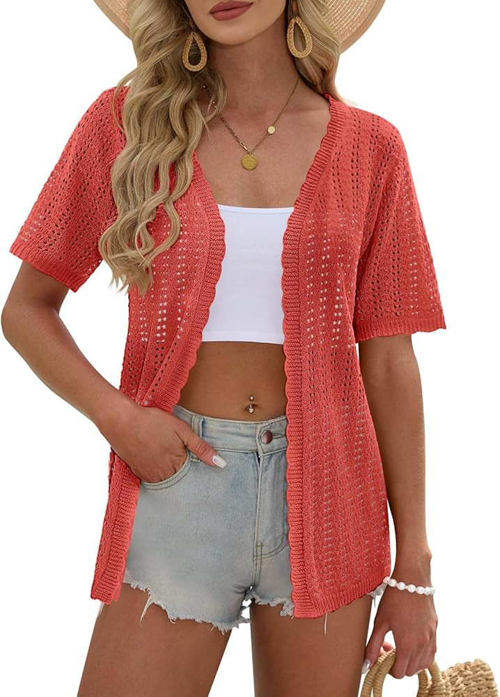 DB MOON Womens Summer Short Sleeve Cardigan Lightweight Beach Cover Ups Boho Pointelle Knit Kimon... | Amazon (US)
