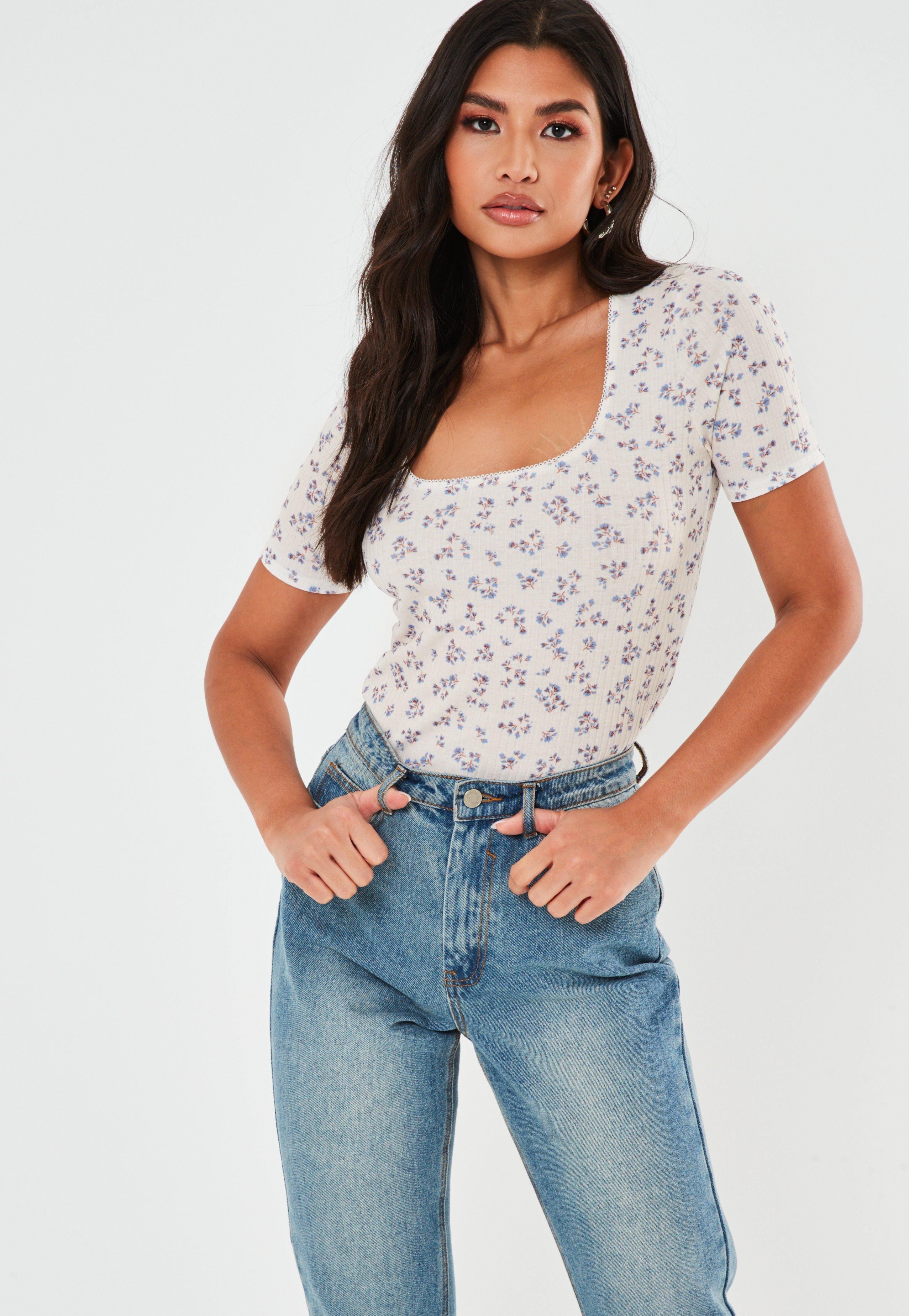 White Floral Print Rib Crop Top | Missguided (US & CA)
