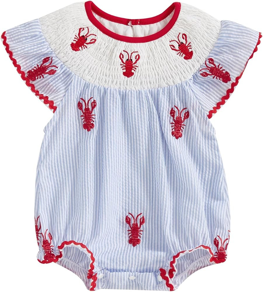 YOKJZJD Newborn Baby Girl Crawfish Smocked Bubble Romper Lobster Ruffle Short Sleeve Bodysuit Jum... | Amazon (US)