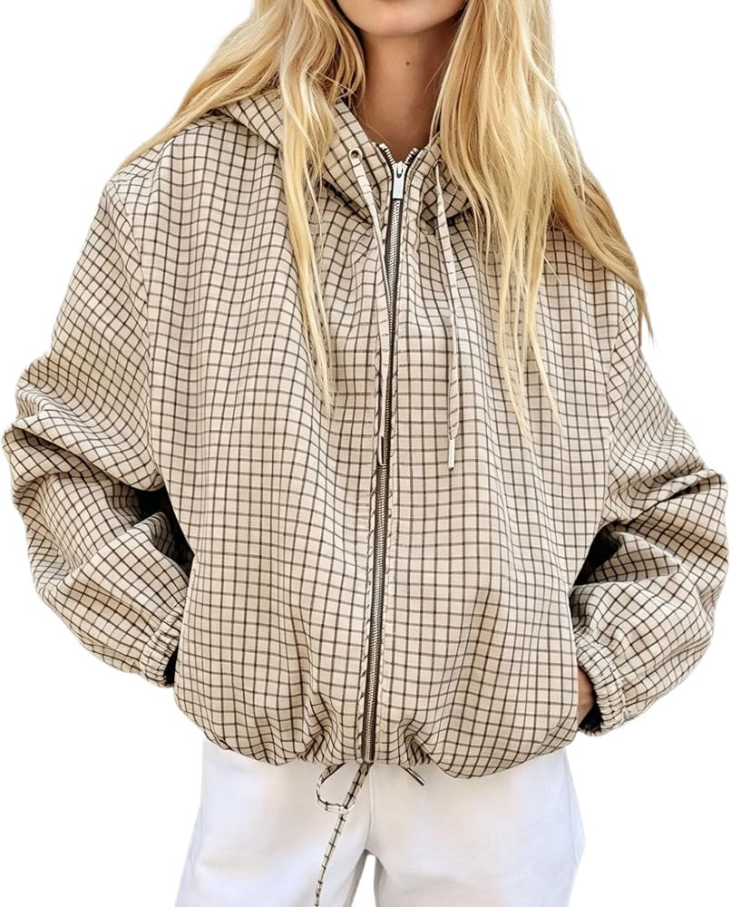 Womens Plaid Hooded Jacket Cropped Oversized Drawstring Hem Outwear | Amazon (US)