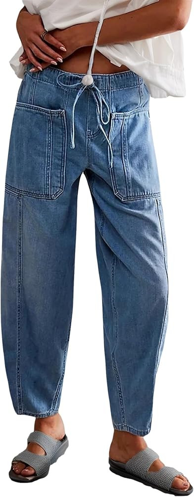 Women's Wide Leg Baggy Jeans Elastic Low Rise Barrel Jean Loose Boyfriend Denim Pants with Drawst... | Amazon (US)