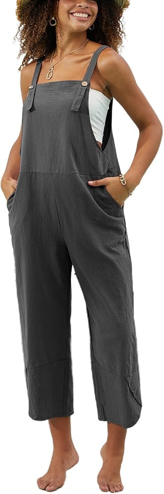 Springrain Womens Summer Bib Overalls Cotton Linen Cropped Tulip Hem Casual Jumpsuit Romper | Amazon (US)