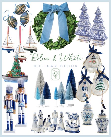 Blue & White Holiday Decor I love! It’s time to deck the halls! Gorgeous preserved boxwood wreath with blue velvet bow, chinoiserie porcelain Christmas trees, nutcracker, holiday home collectibles, ginger jar ornaments, egg ornaments, glass trees, Nantucket ornaments, blue and white nativity scene and more! 

#LTKHoliday #LTKGiftGuide #LTKhome