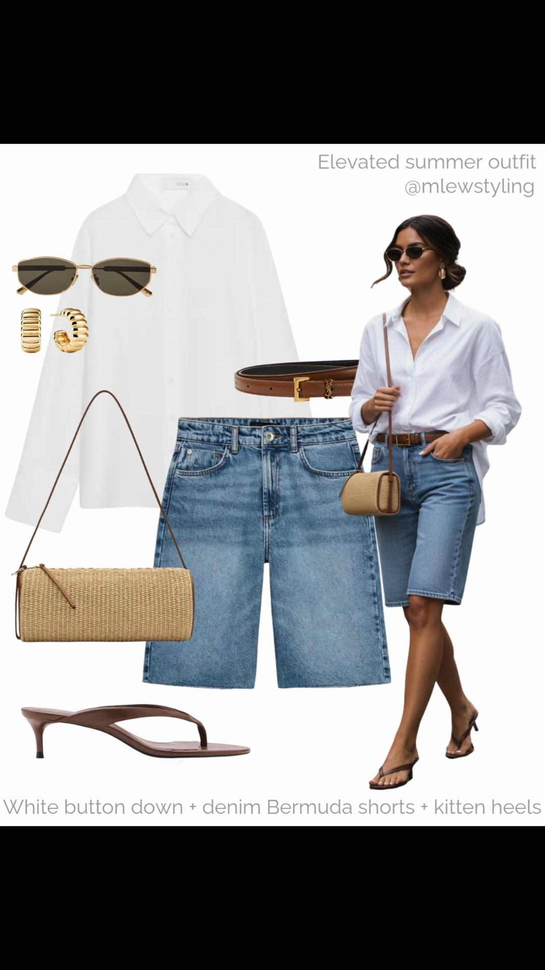 White button down + denim Bermuda shorts + kitten heels 💫

Tags: summer outfit formulas, style inspo, jean shorts, reformation raffia bag, metal sunglasses, brown leather YSL belt, gold hoop earrings, neutral elevated outfit, capsule wardrobe

#LTKsummer #LTKshoes #LTKbag