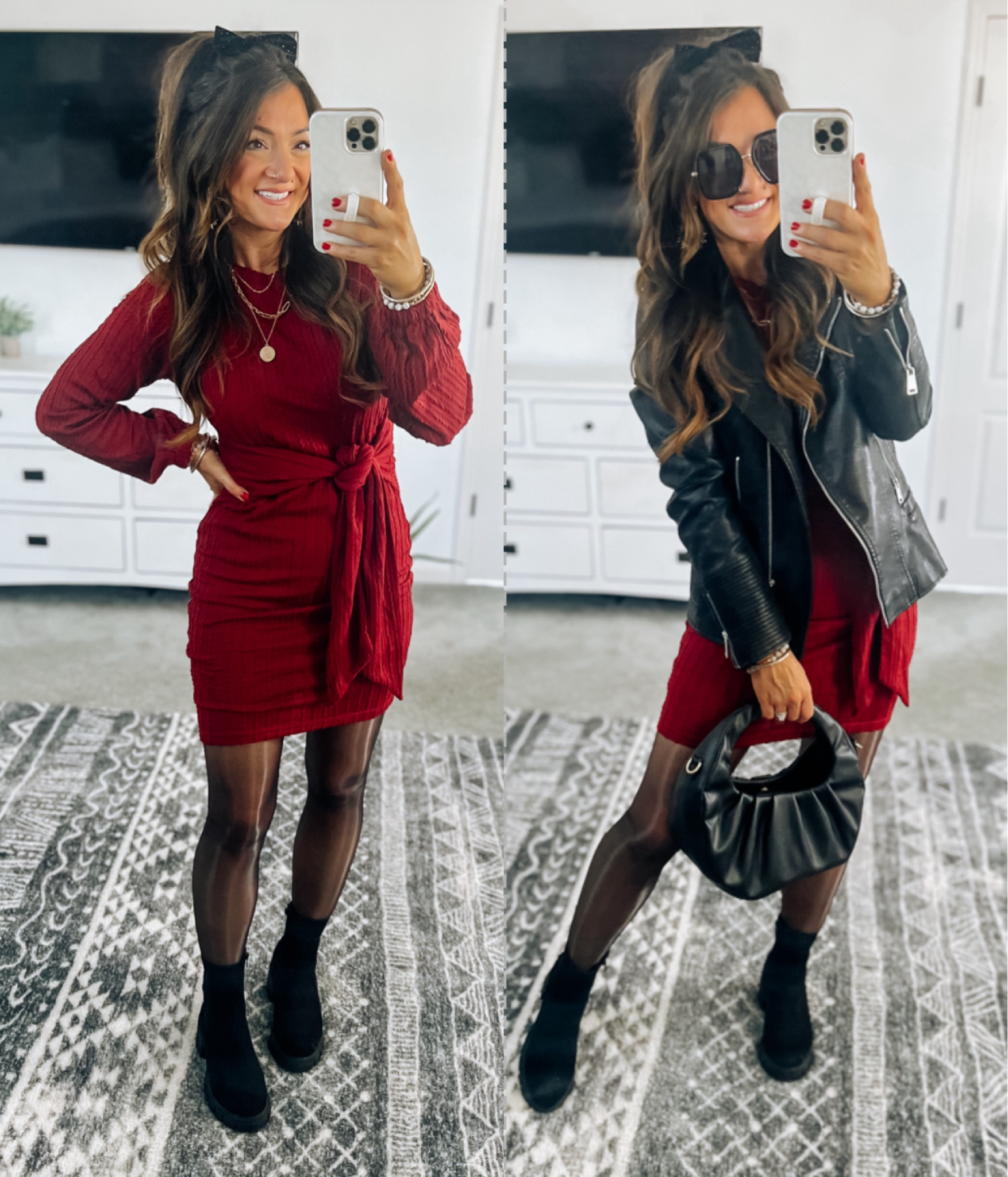 Holiday dress option! This wrap dress is so pretty and can be styled multiple ways! A little more edgy like this, or with a party heel, or tall dress boot! True to size 

#LTKfindsunder50 #LTKstyletip #LTKHoliday