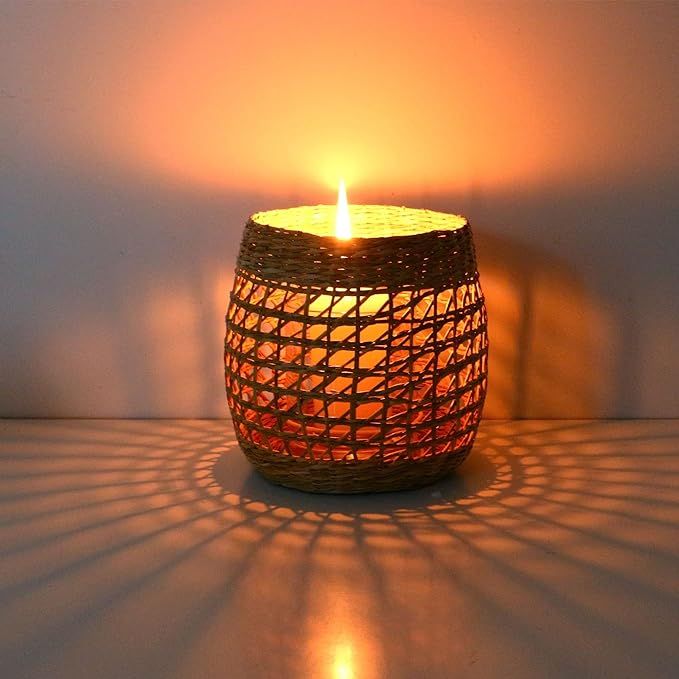 Tea Light Candle Holder w Glass Cup | Seagrass Pillar Candles Lantern - Rustic Wire Jar Candlesti... | Amazon (US)