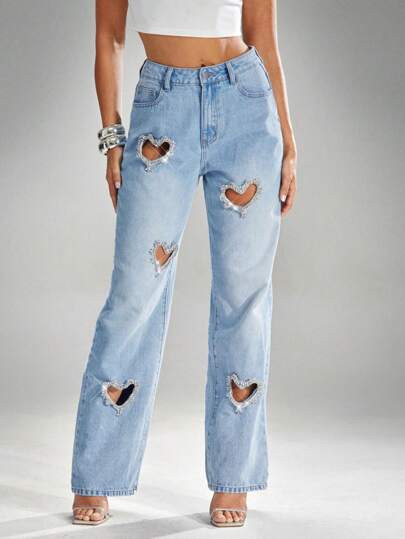 Denimoi Gerade geschnittene Jeans mit High Rise, Herz-Ausschnitt und Strass | aktuelle Trends, g... | SHEIN
