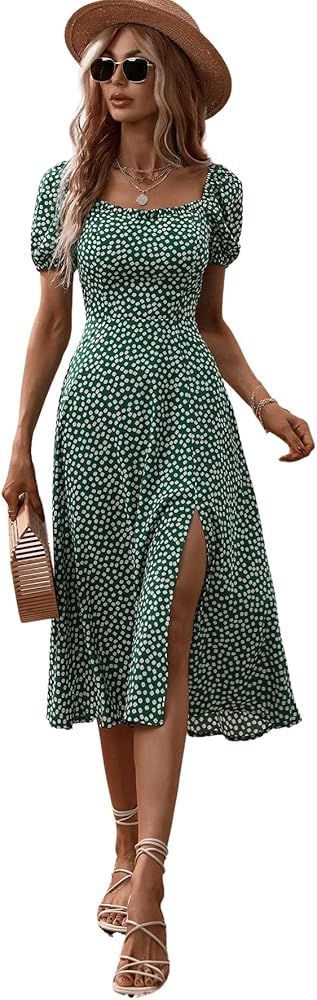 SweatyRocks Women's Boho Short Puff Sleeve Floral Dress Slit A Line Flare Midi Dresses | Amazon (US)