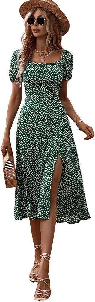 SweatyRocks Women's Boho Short Puff Sleeve Floral Dress Slit A Line Flare Midi Dresses | Amazon (US)