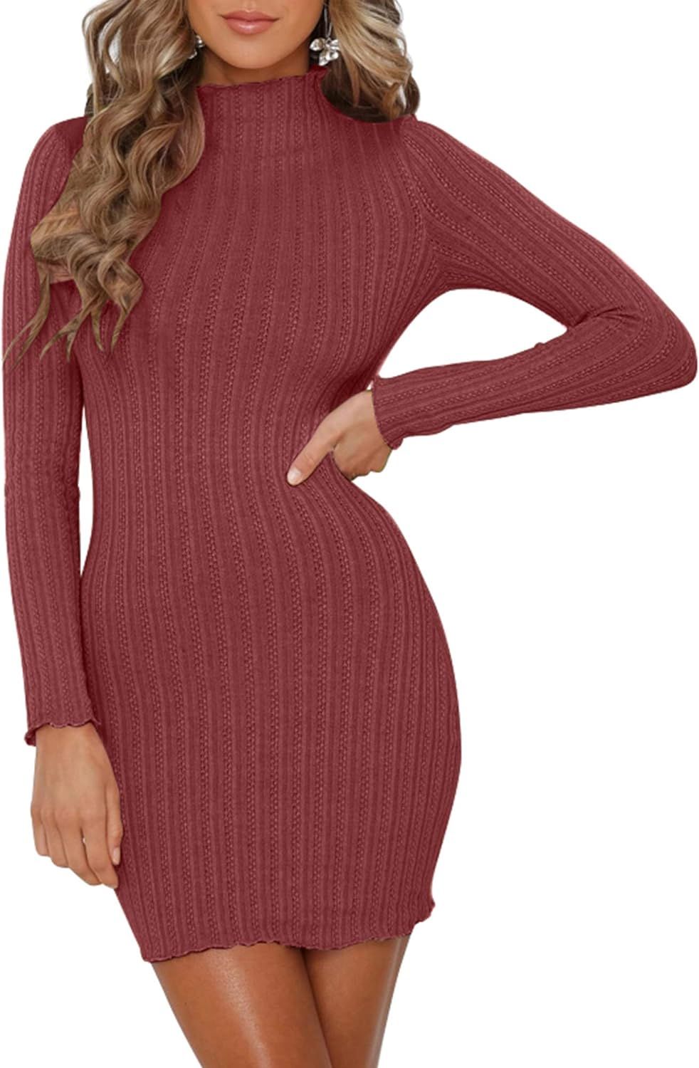 Mokoru Women's Ribbed Bodycon Club Dress Sexy Long Sleeve Mini Sweater Dresses | Amazon (US)