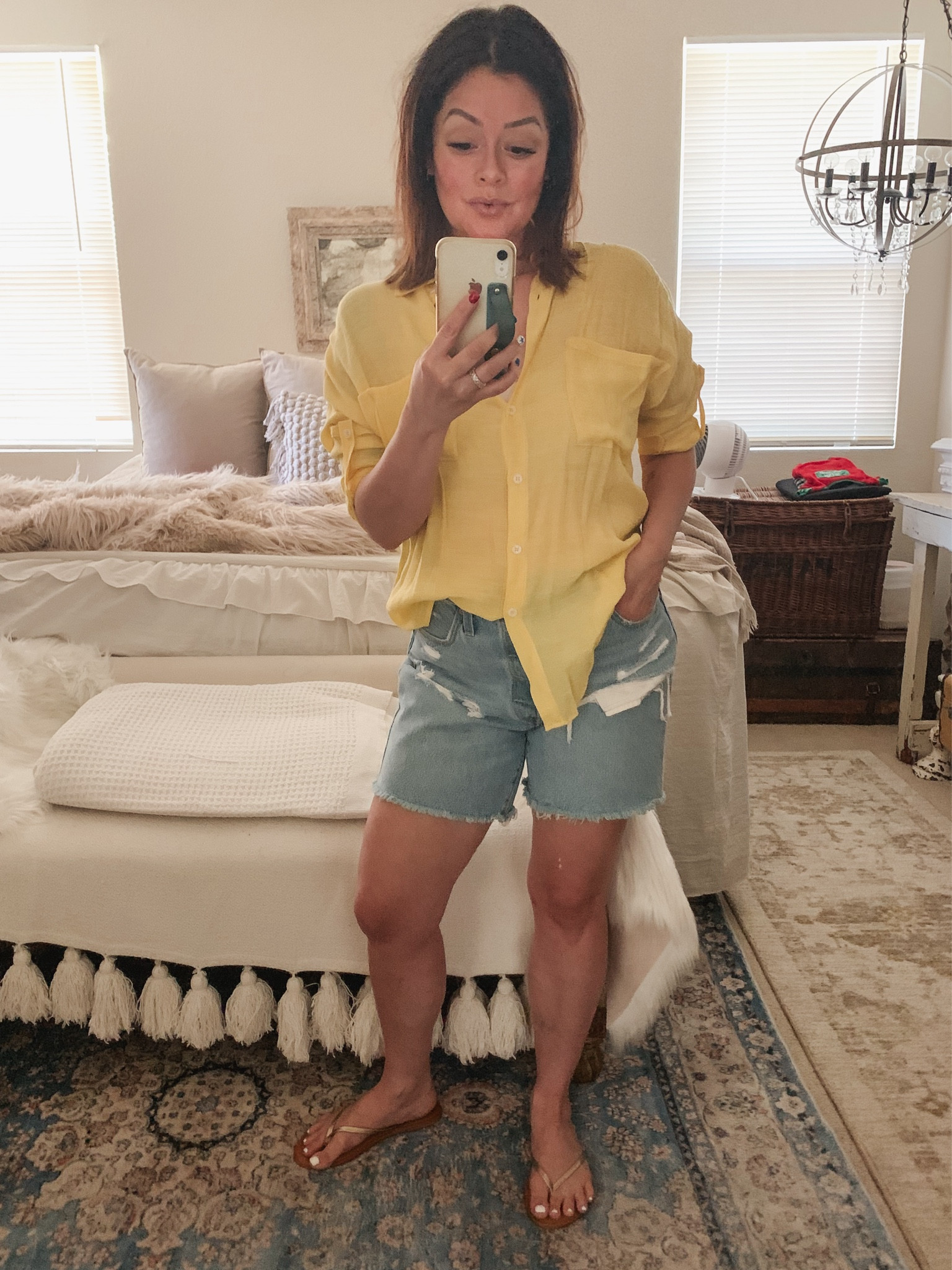 Wearing a small im the blouse
29 in shorts
SPF medium 
Blush coral
Contour warm bronze
Lip peachy beige
Tarte makeup
Summer style
Levi’s shorts 

#LTKOver40 #LTKBeauty #LTKStyleTip