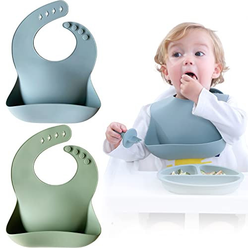 Moonkie Silicone Baby Bibs Set of 2, BPA Free Waterproof Baby Bibs for Eating, Soft Adjustable Silicone Bibs for Babies 6-12 Months, Toddler Bibs with Large Pocket Food Catcher (Ether/Sage) | Amazon (US)