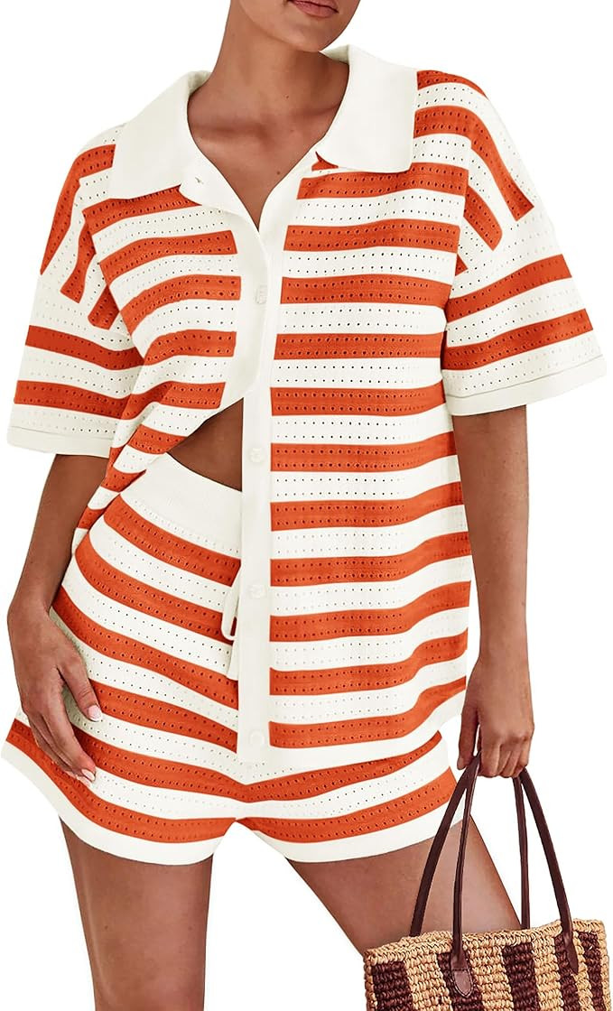 PRETTYGARDEN Women's 2 Piece Shorts Sets Casual Summer 2025 Short Sleeve Striped Sweater Set Matc... | Amazon (US)