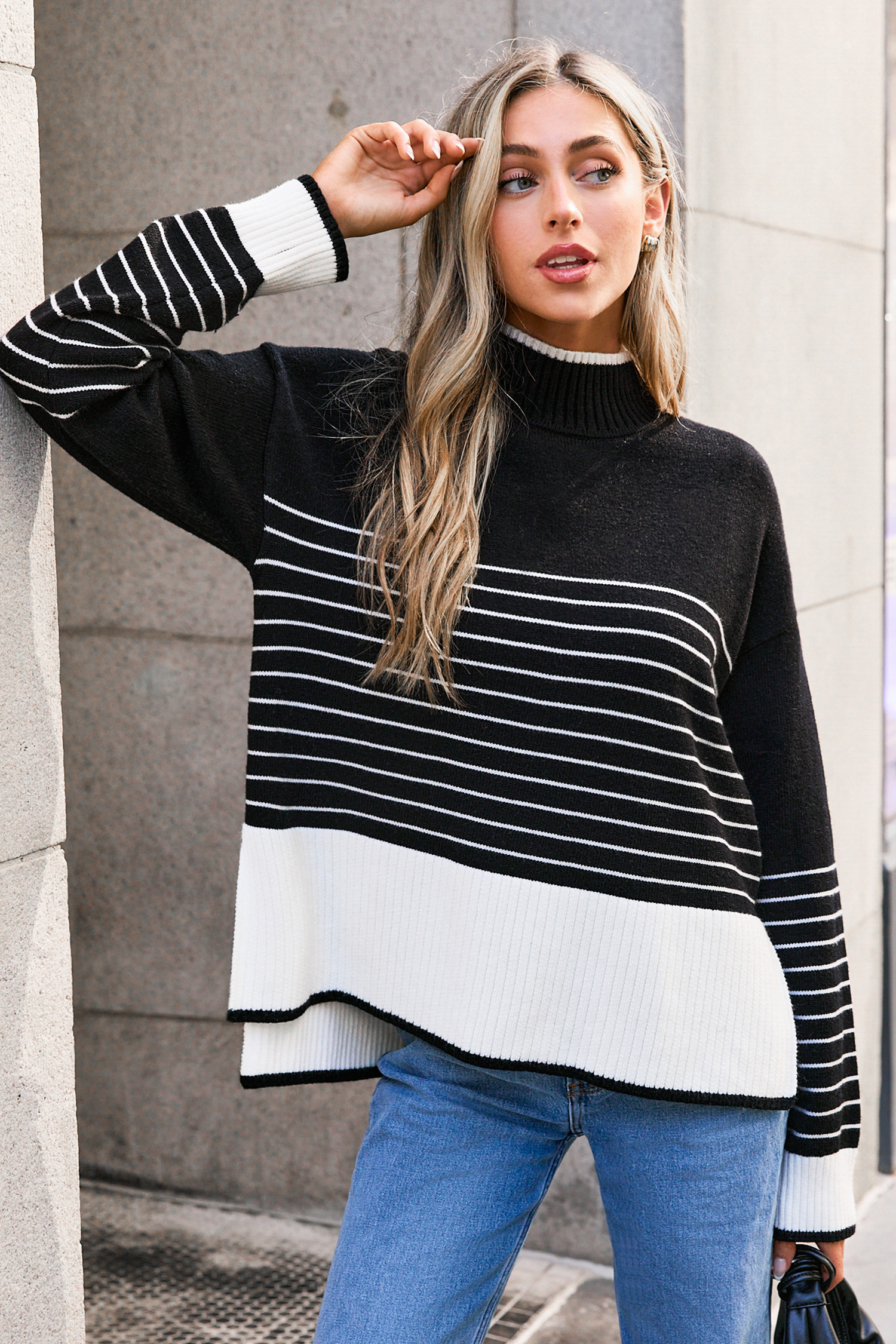 Black Striped Split High Neck Knit Top | Cupshe US